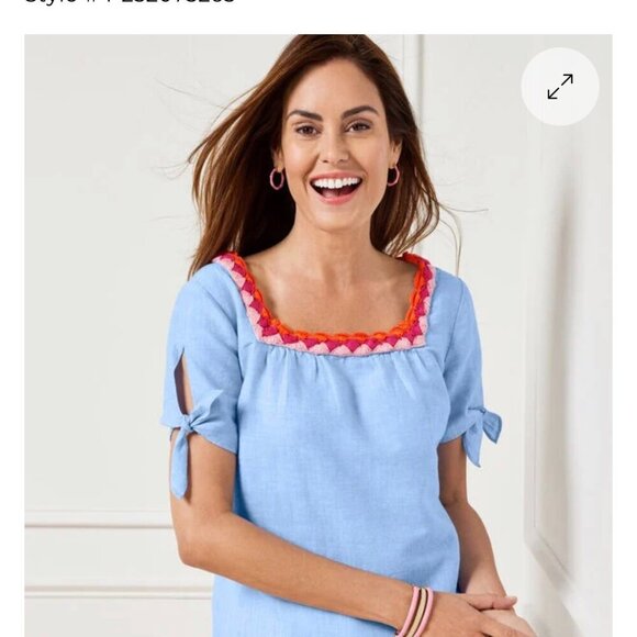 Talbots Blue Linen Top Crochet Trim Pink Coral Short Tie Sleeve Blouse size 2XP - Picture 2 of 16